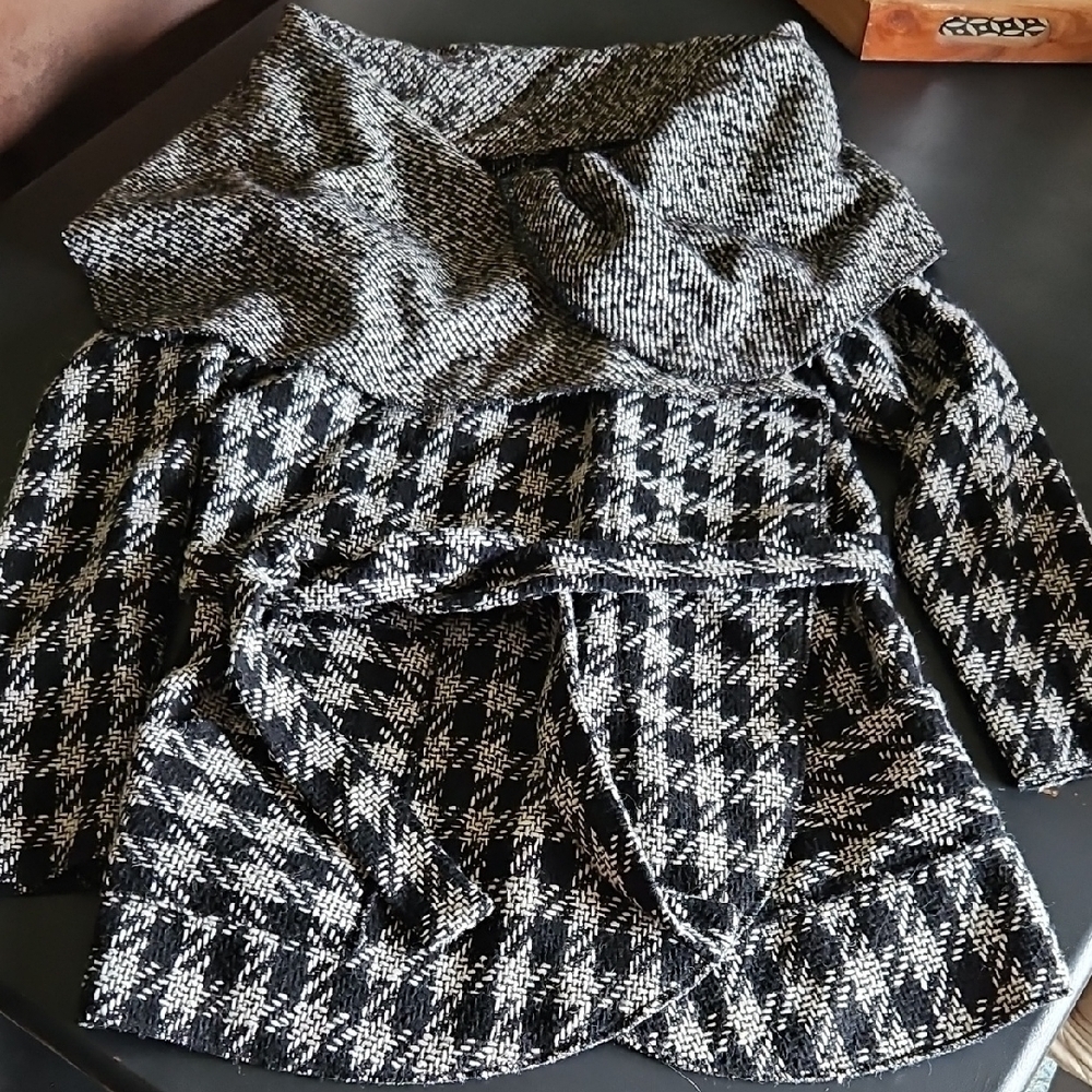 Elegant Black and Gray Women's Wool Funnel Neck Coat